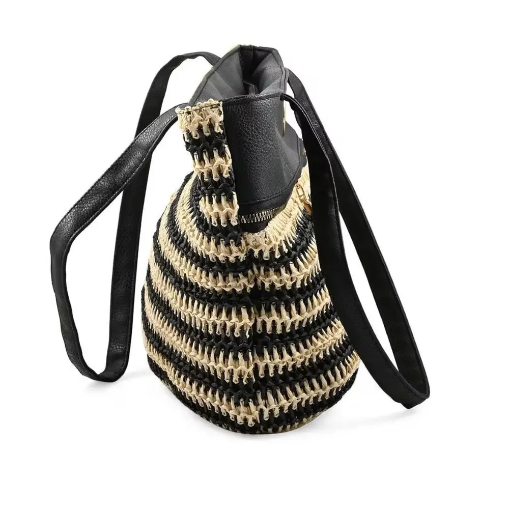 Beverly‎ Hills Polo Club Women Black Straw Stripe Tote Bag Gold Logo NWT
